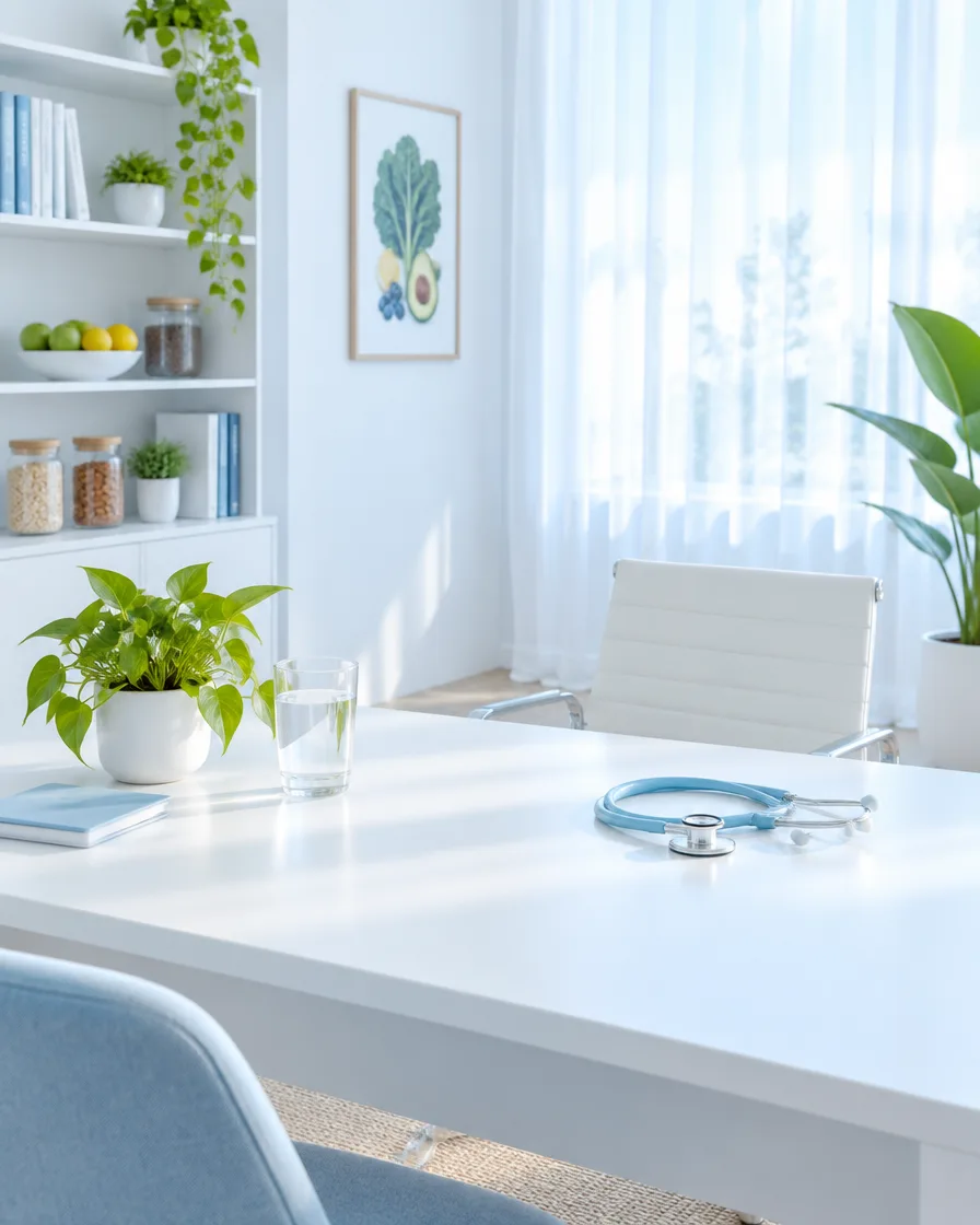 Uno studio luminoso, bianco e azzurro